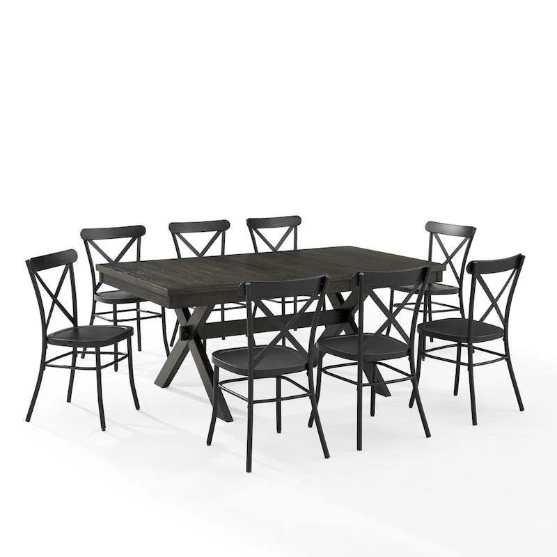 Ensemble de salle à manger extensible 9 pièces de style ferme moderne avec chaises en acier à dossier en X