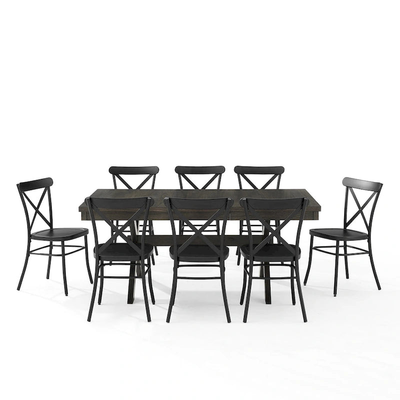 Ensemble de salle à manger extensible 9 pièces de style ferme moderne avec chaises en acier à dossier en X