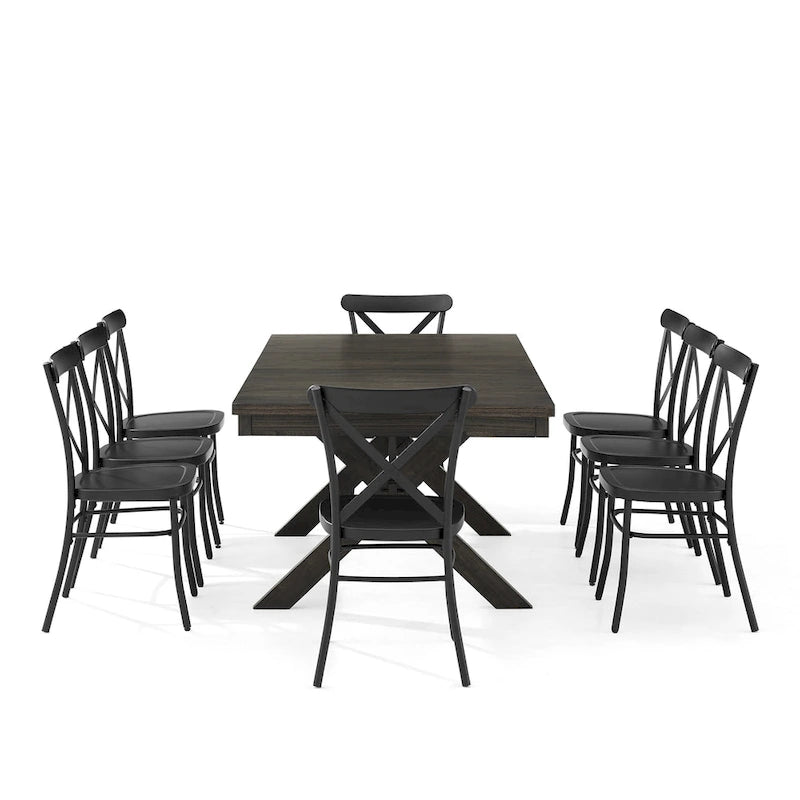 Ensemble de salle à manger extensible 9 pièces de style ferme moderne avec chaises en acier à dossier en X