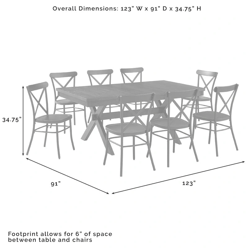 Ensemble de salle à manger extensible 9 pièces de style ferme moderne avec chaises en acier à dossier en X