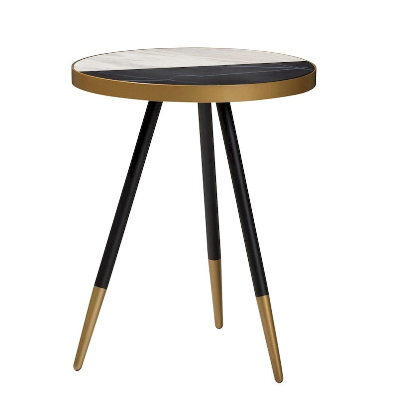 Table d'appoint ronde moderne – Dessus en marbre brun, cadre en fer noir et doré (55,1 cm H x 43,9 cm l)