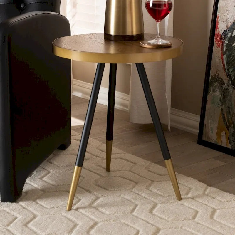 Table d'appoint ronde moderne – Dessus en marbre brun, cadre en fer noir et doré (55,1 cm H x 43,9 cm l)