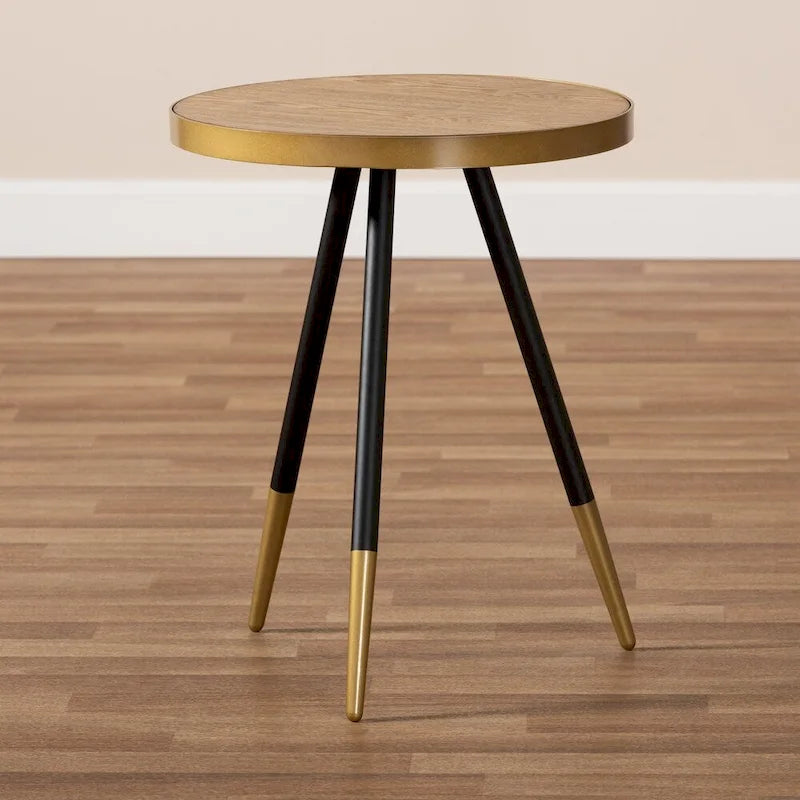 Table d'appoint ronde moderne – Dessus en marbre brun, cadre en fer noir et doré (55,1 cm H x 43,9 cm l)