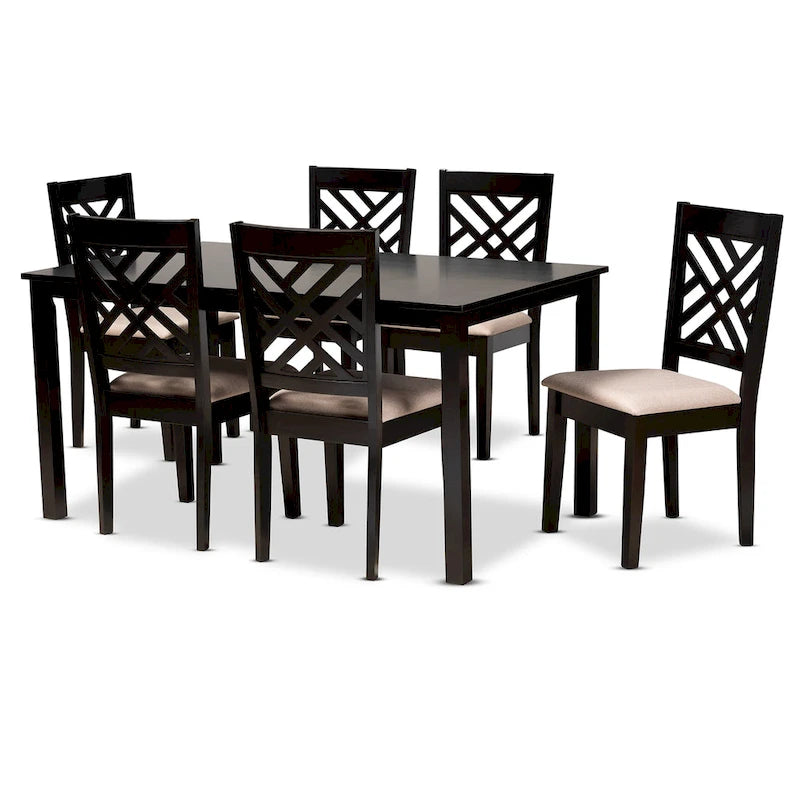 Ensemble de salle à manger moderne 7 pièces en bois rembourré avec chaises à découpes décoratives