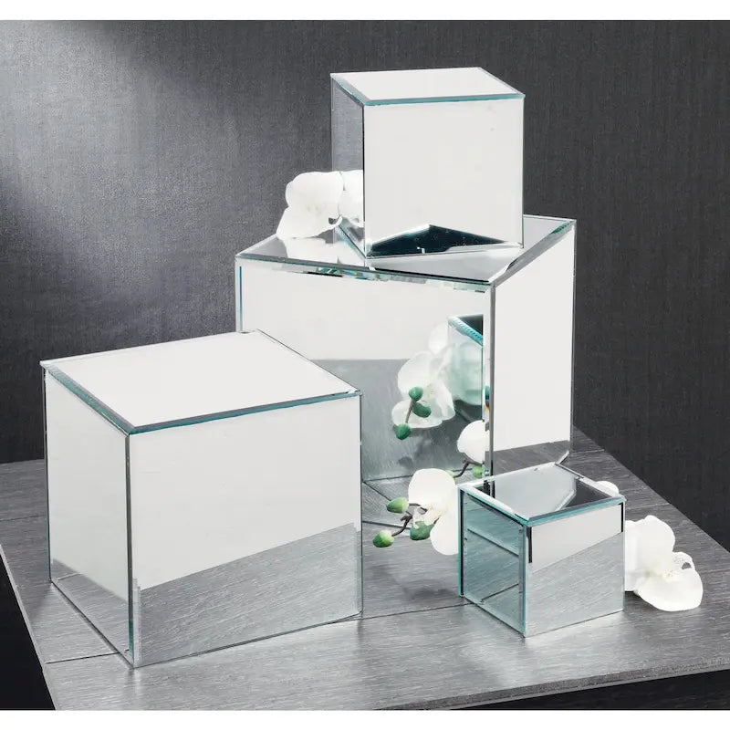 Présentoirs surélevés carrés en verre miroir – Clair et fumé, lot de 3 ou 4