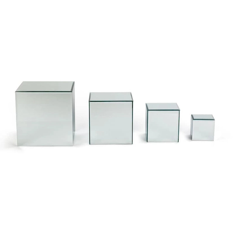 Présentoirs surélevés carrés en verre miroir – Clair et fumé, lot de 3 ou 4