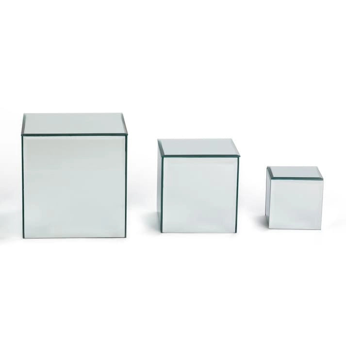 Présentoirs surélevés carrés en verre miroir – Clair et fumé, lot de 3 ou 4