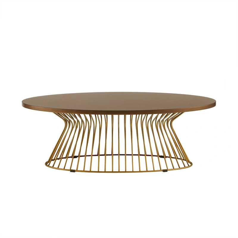 Table basse ovale moderne du milieu du siècle – Plateau bronze doré et piètement filaire bronze antique