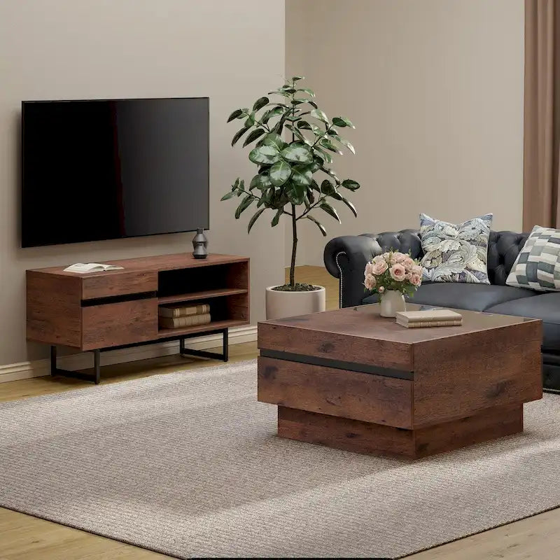 Meuble TV et Table Basse Modernes, Lot de 2 – Grain de Bois Noyer, Plateau en Verre Trempé et Rangement Caché