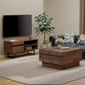 Meuble TV et Table Basse Modernes, Lot de 2 – Grain de Bois Noyer, Plateau en Verre Trempé et Rangement Caché