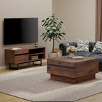 Meuble TV et Table Basse Modernes, Lot de 2 – Grain de Bois Noyer, Plateau en Verre Trempé et Rangement Caché