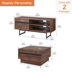 Meuble TV et Table Basse Modernes, Lot de 2 – Grain de Bois Noyer, Plateau en Verre Trempé et Rangement Caché