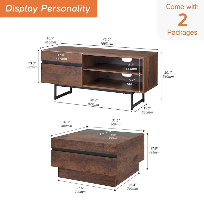 Meuble TV et Table Basse Modernes, Lot de 2 – Grain de Bois Noyer, Plateau en Verre Trempé et Rangement Caché