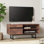 Meuble TV et Table Basse Modernes, Lot de 2 – Grain de Bois Noyer, Plateau en Verre Trempé et Rangement Caché