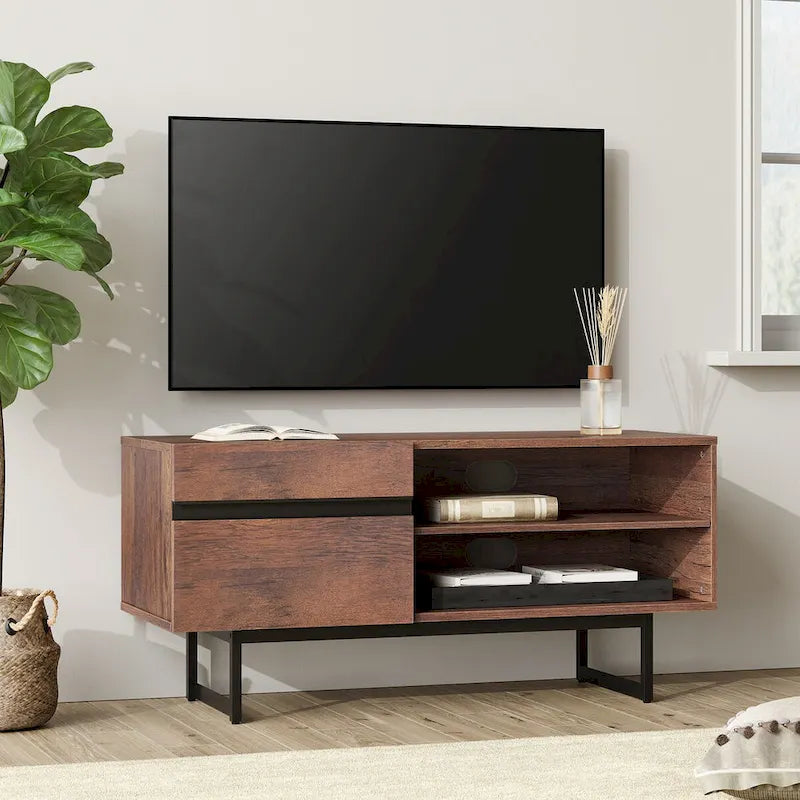 Meuble TV et Table Basse Modernes, Lot de 2 – Grain de Bois Noyer, Plateau en Verre Trempé et Rangement Caché