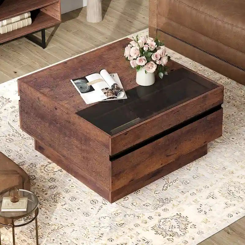 Meuble TV et Table Basse Modernes, Lot de 2 – Grain de Bois Noyer, Plateau en Verre Trempé et Rangement Caché