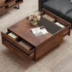 Meuble TV et Table Basse Modernes, Lot de 2 – Grain de Bois Noyer, Plateau en Verre Trempé et Rangement Caché