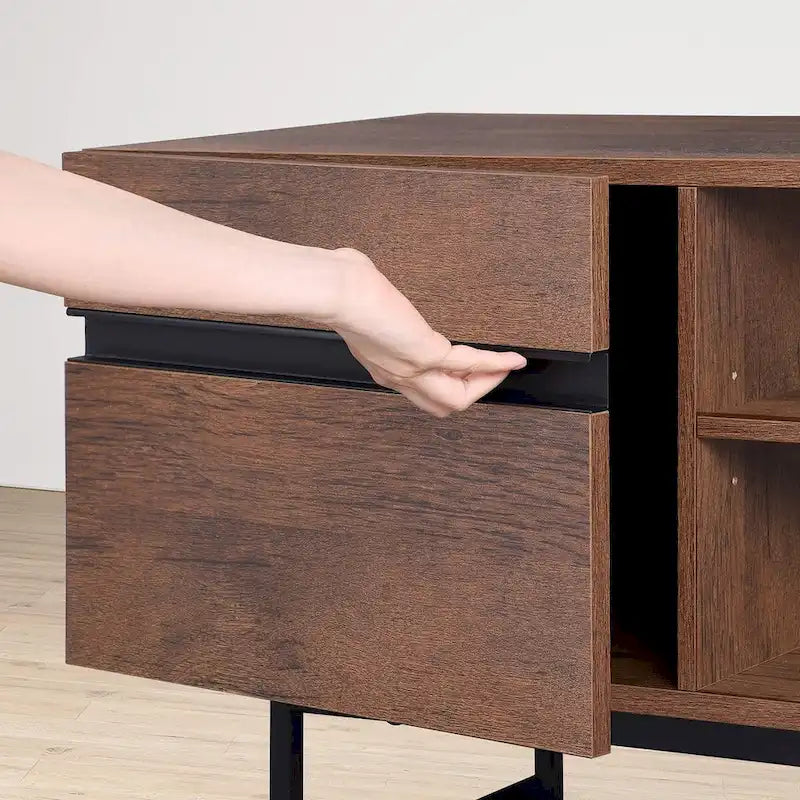 Meuble TV et Table Basse Modernes, Lot de 2 – Grain de Bois Noyer, Plateau en Verre Trempé et Rangement Caché
