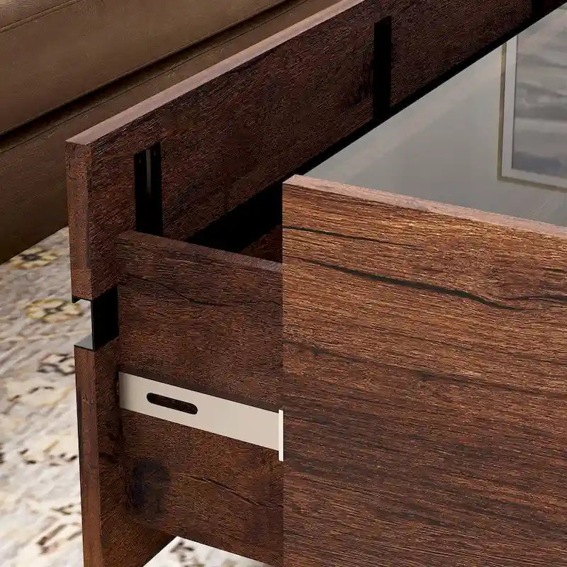 Meuble TV et Table Basse Modernes, Lot de 2 – Grain de Bois Noyer, Plateau en Verre Trempé et Rangement Caché