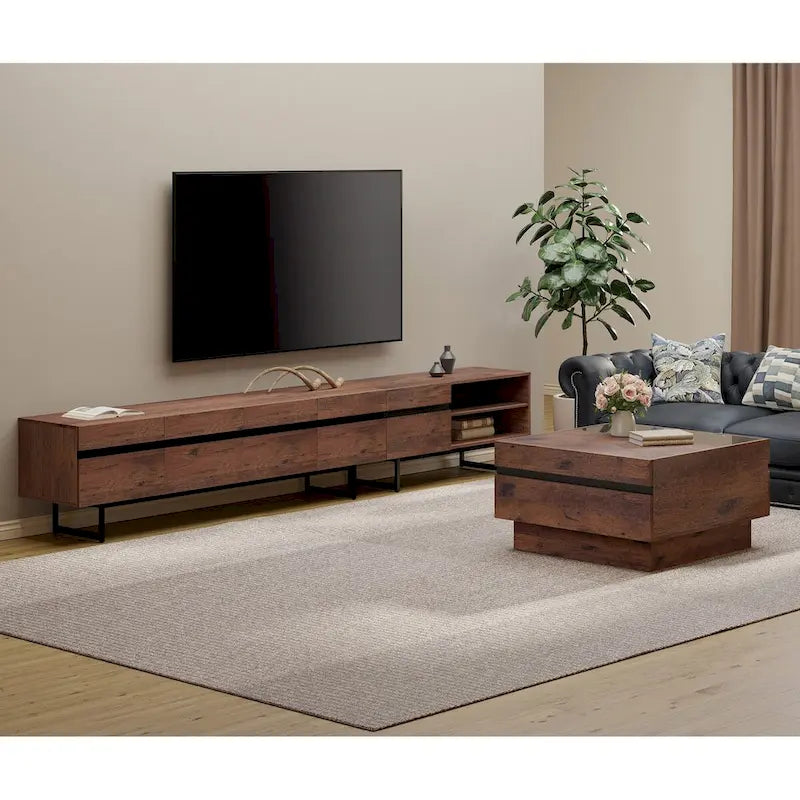 Meuble TV et Table Basse Modernes, Lot de 2 – Grain de Bois Noyer, Plateau en Verre Trempé et Rangement Caché