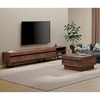 Meuble TV et Table Basse Modernes, Lot de 2 – Grain de Bois Noyer, Plateau en Verre Trempé et Rangement Caché
