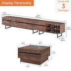 Meuble TV et Table Basse Modernes, Lot de 2 – Grain de Bois Noyer, Plateau en Verre Trempé et Rangement Caché