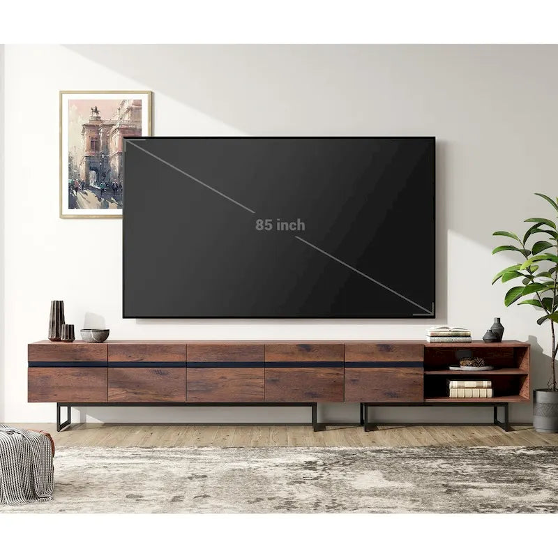 Meuble TV et Table Basse Modernes, Lot de 2 – Grain de Bois Noyer, Plateau en Verre Trempé et Rangement Caché