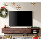 Meuble TV et Table Basse Modernes, Lot de 2 – Grain de Bois Noyer, Plateau en Verre Trempé et Rangement Caché