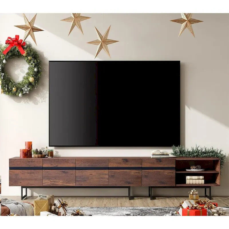 Meuble TV et Table Basse Modernes, Lot de 2 – Grain de Bois Noyer, Plateau en Verre Trempé et Rangement Caché