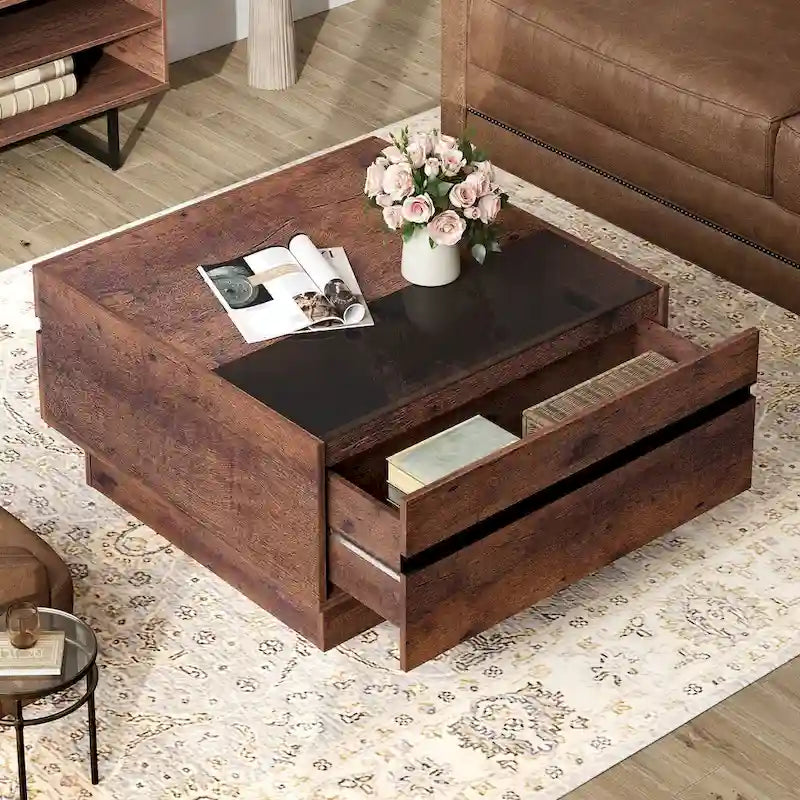 Meuble TV et Table Basse Modernes, Lot de 2 – Grain de Bois Noyer, Plateau en Verre Trempé et Rangement Caché