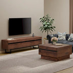 Meuble TV et Table Basse Modernes, Lot de 2 – Grain de Bois Noyer, Plateau en Verre Trempé et Rangement Caché