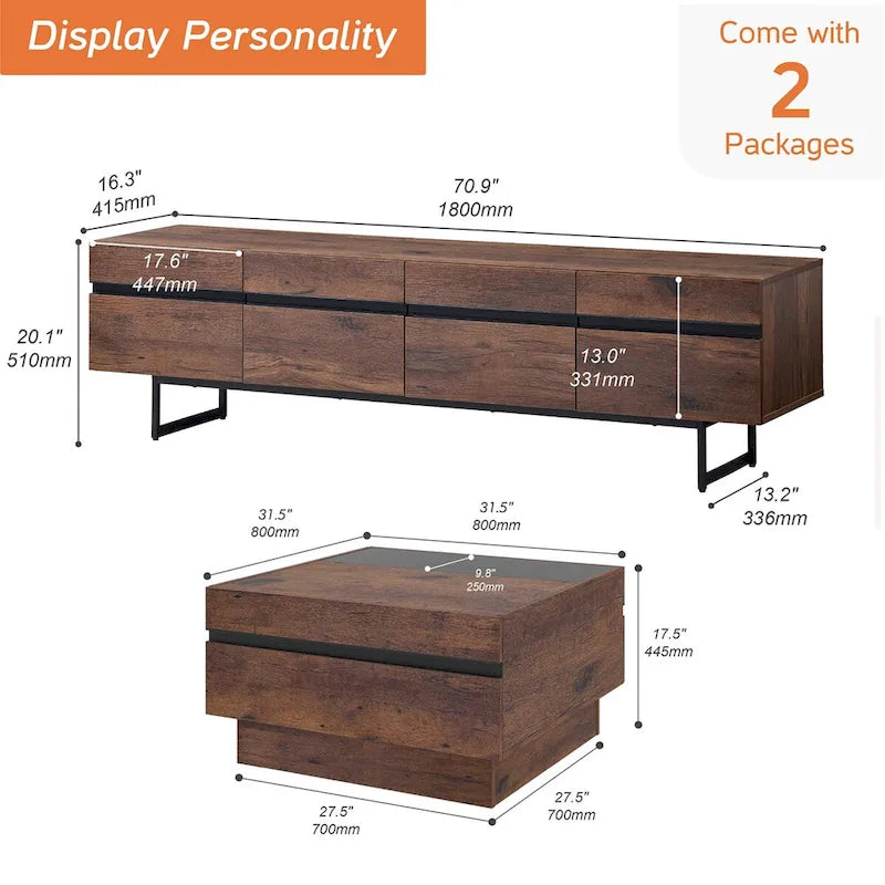 Meuble TV et Table Basse Modernes, Lot de 2 – Grain de Bois Noyer, Plateau en Verre Trempé et Rangement Caché