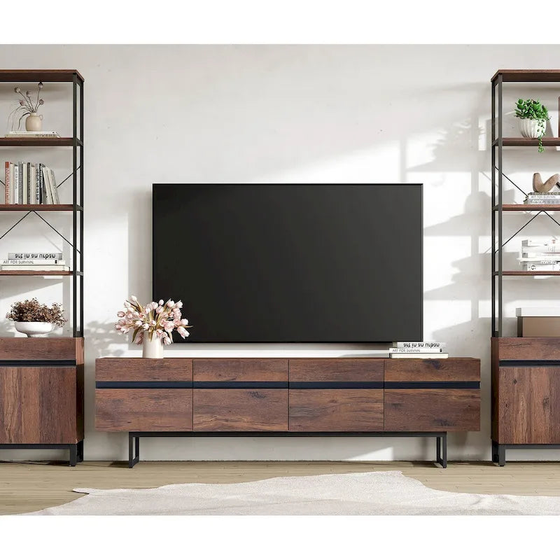 Meuble TV et Table Basse Modernes, Lot de 2 – Grain de Bois Noyer, Plateau en Verre Trempé et Rangement Caché