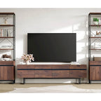 Meuble TV et Table Basse Modernes, Lot de 2 – Grain de Bois Noyer, Plateau en Verre Trempé et Rangement Caché