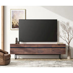 Meuble TV et Table Basse Modernes, Lot de 2 – Grain de Bois Noyer, Plateau en Verre Trempé et Rangement Caché