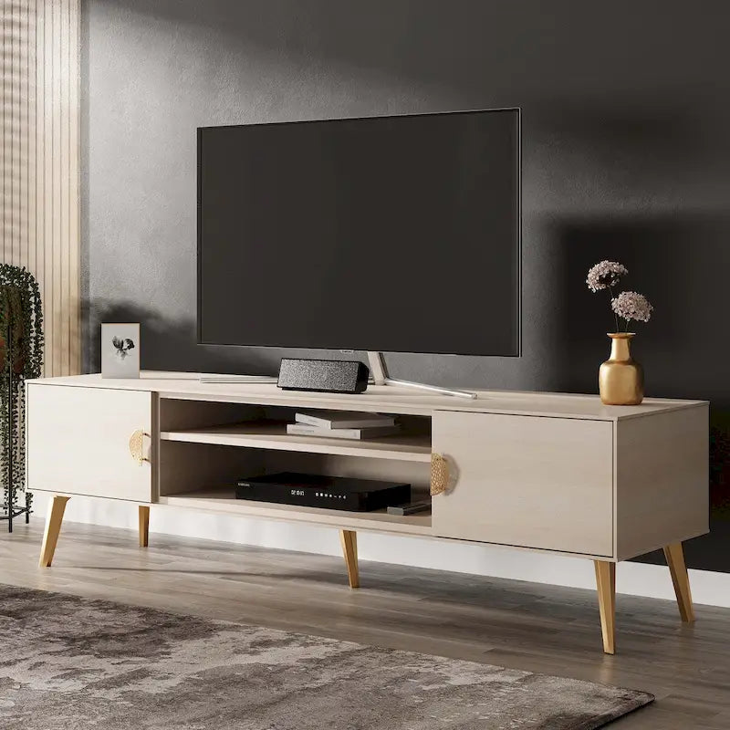 Meuble TV de style moderne du milieu du siècle de 180 cm avec portes à fermeture amortie et rangement dissimulé