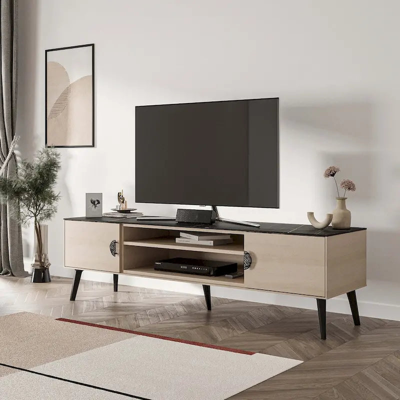 Meuble TV de style moderne du milieu du siècle de 180 cm avec portes à fermeture amortie et rangement dissimulé