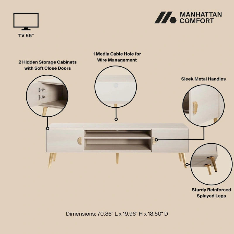 Meuble TV de style moderne du milieu du siècle de 180 cm avec portes à fermeture amortie et rangement dissimulé
