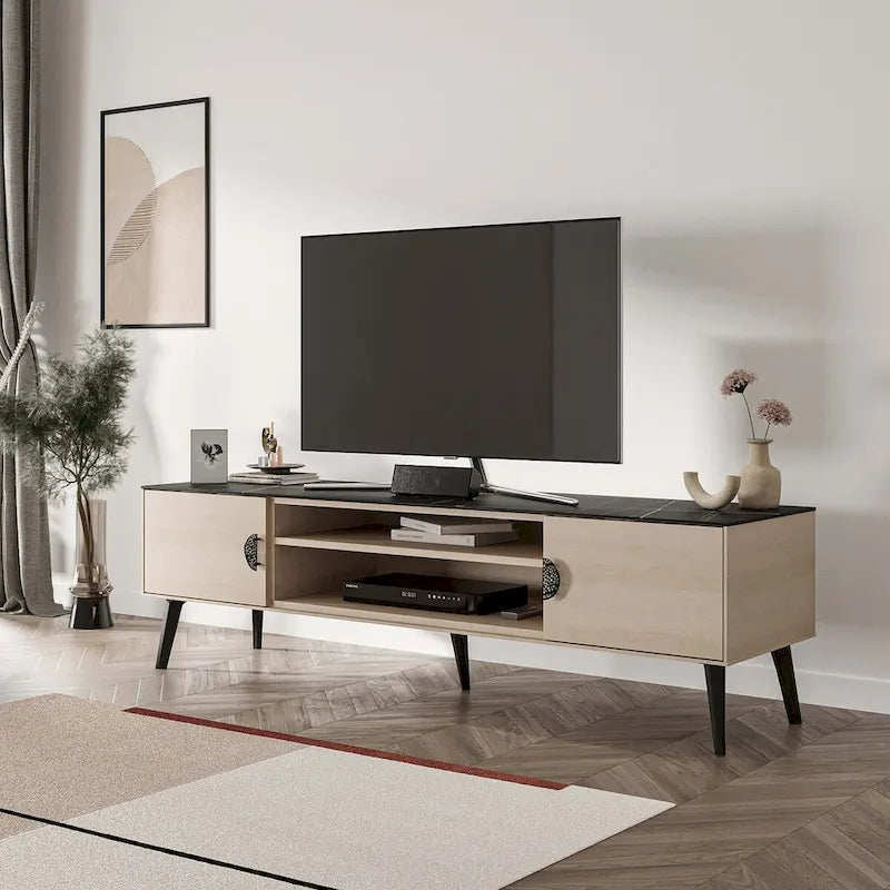 Meuble TV de style moderne du milieu du siècle de 180 cm avec portes à fermeture amortie et rangement dissimulé