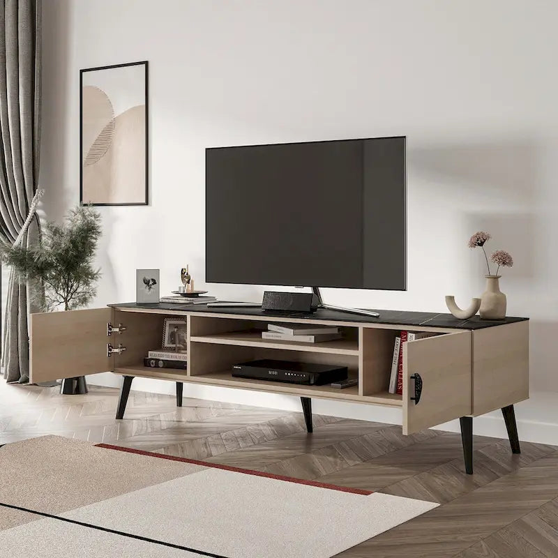 Meuble TV de style moderne du milieu du siècle de 180 cm avec portes à fermeture amortie et rangement dissimulé