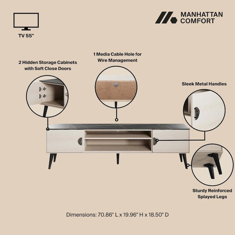 Meuble TV de style moderne du milieu du siècle de 180 cm avec portes à fermeture amortie et rangement dissimulé