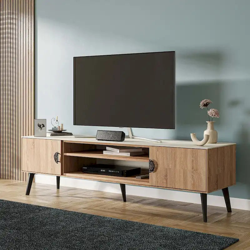 Meuble TV de style moderne du milieu du siècle de 180 cm avec portes à fermeture amortie et rangement dissimulé