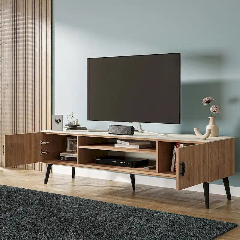 Meuble TV de style moderne du milieu du siècle de 180 cm avec portes à fermeture amortie et rangement dissimulé