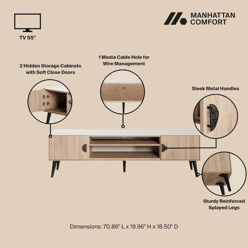 Meuble TV de style moderne du milieu du siècle de 180 cm avec portes à fermeture amortie et rangement dissimulé