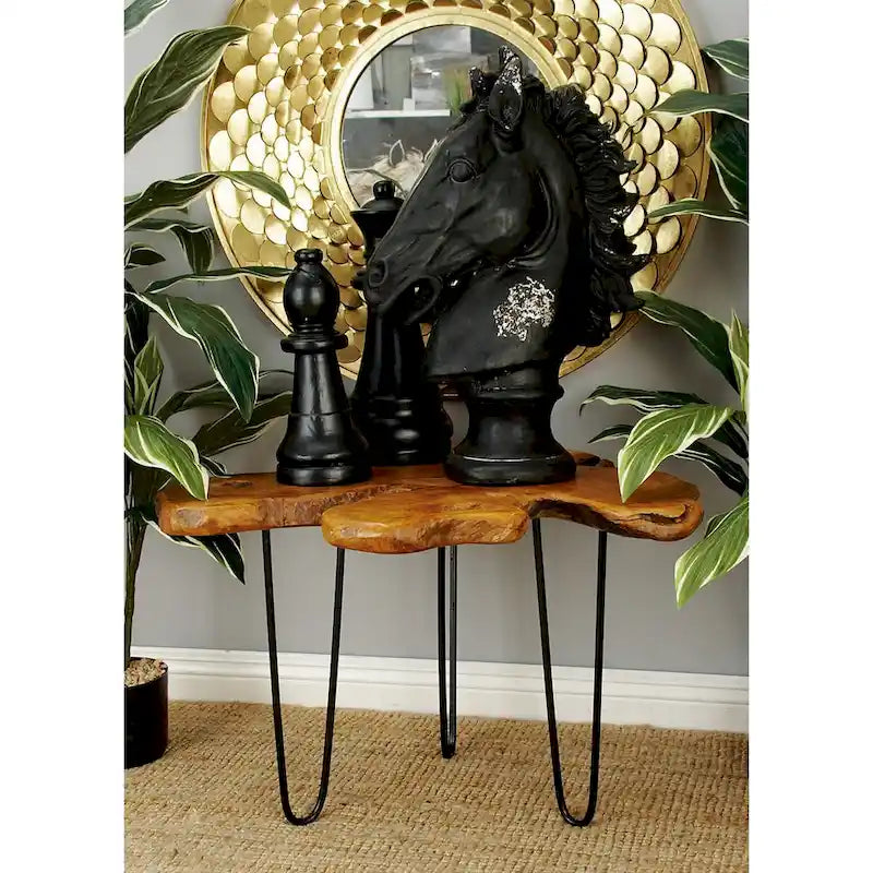 Table basse en teck massif brut faite à la main avec pieds en épingle à cheveux en métal noir - Marron