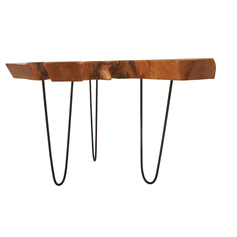 Table basse en teck massif brut faite à la main avec pieds en épingle à cheveux en métal noir - Marron