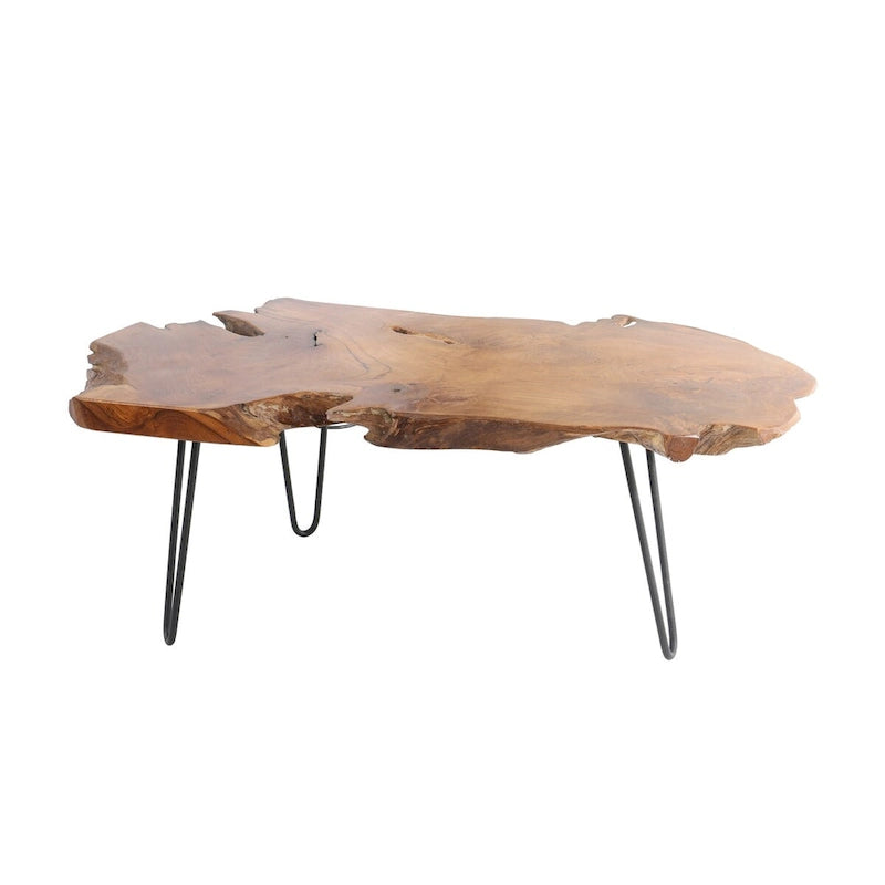 Table basse en teck massif brut faite à la main avec pieds en épingle à cheveux en métal noir - Marron