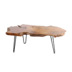 Table basse en teck massif brut faite à la main avec pieds en épingle à cheveux en métal noir - Marron