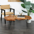 Table basse en teck massif brut faite à la main avec pieds en épingle à cheveux en métal noir - Marron