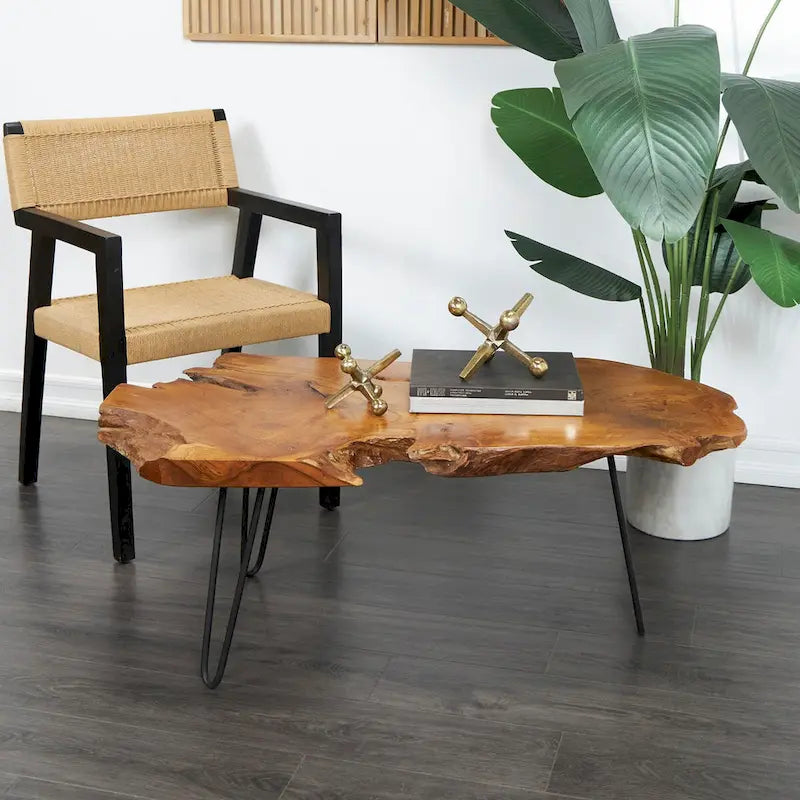 Table basse en teck massif brut faite à la main avec pieds en épingle à cheveux en métal noir - Marron